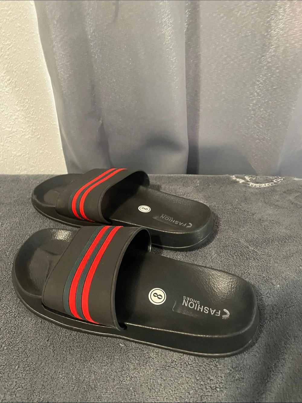 Men's Slip-On Slides with Black Base and Red Stripes NWOT